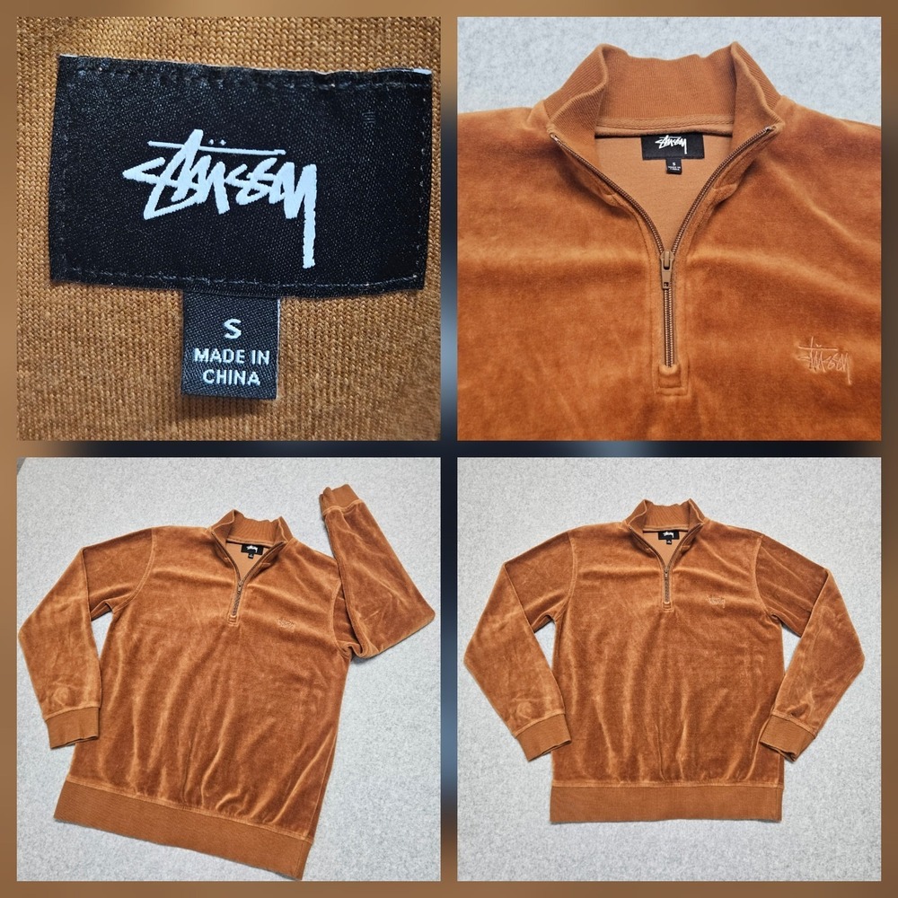 Stussy Rust/Burnt Orange Velour 1/4 Zip Sweater Small Mens